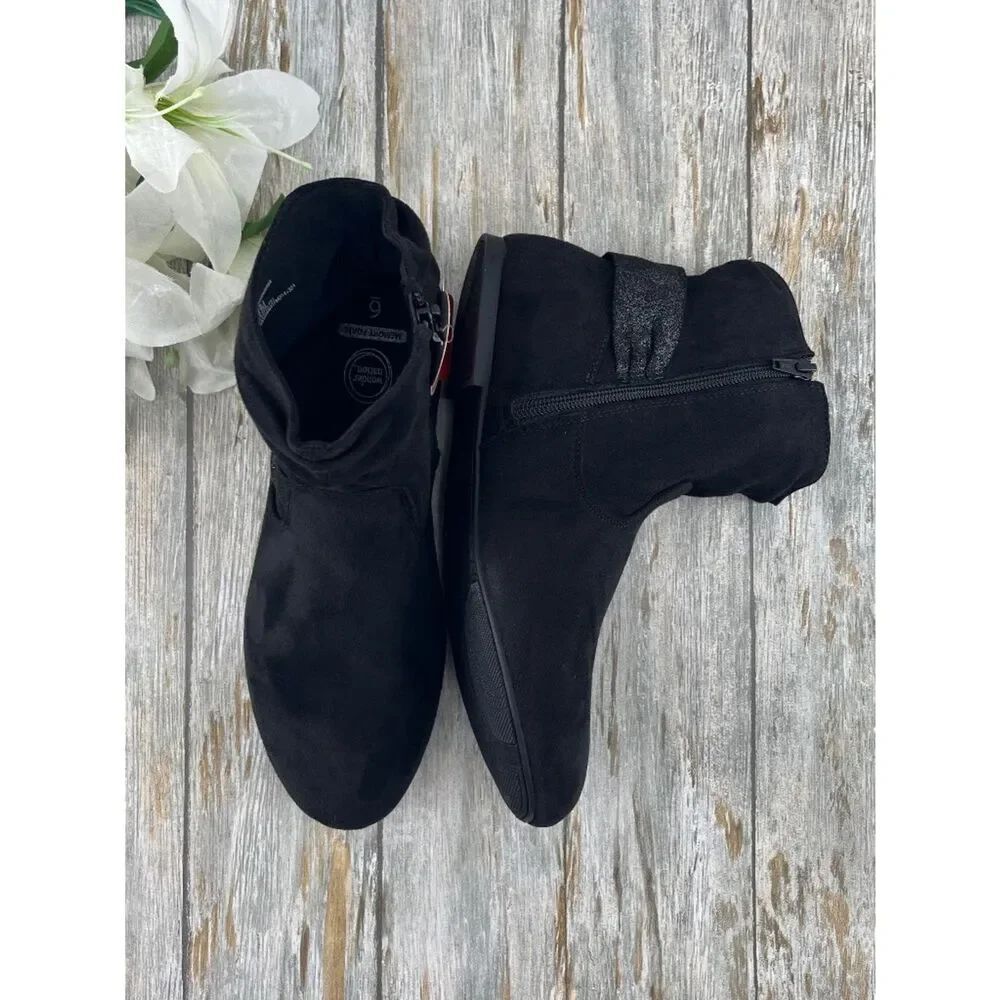 Big Girls Black Faux Suede Slouch Bow Ankle Boots Shoes Size 6